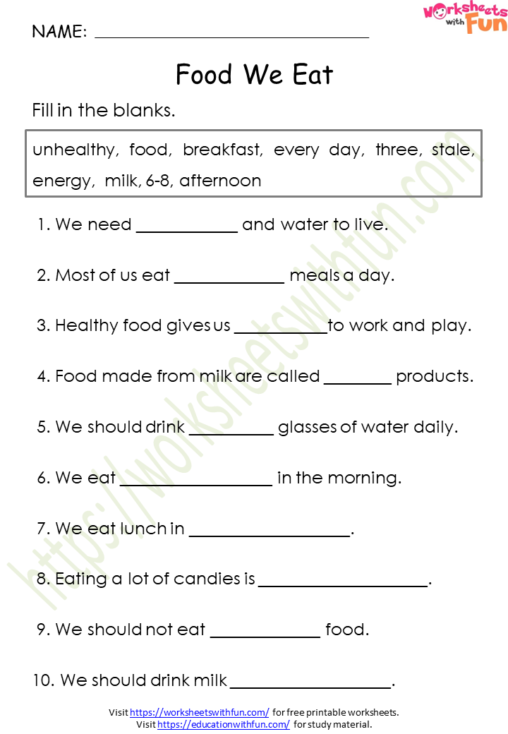 Topic: Food We Eat Worksheets | Environmental Science - Class 1 | WWF